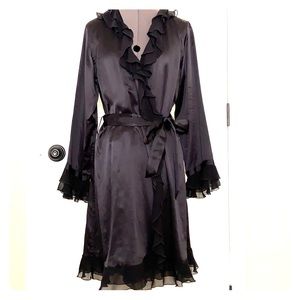 Black Palmers Ruffle Silk Satin Robe